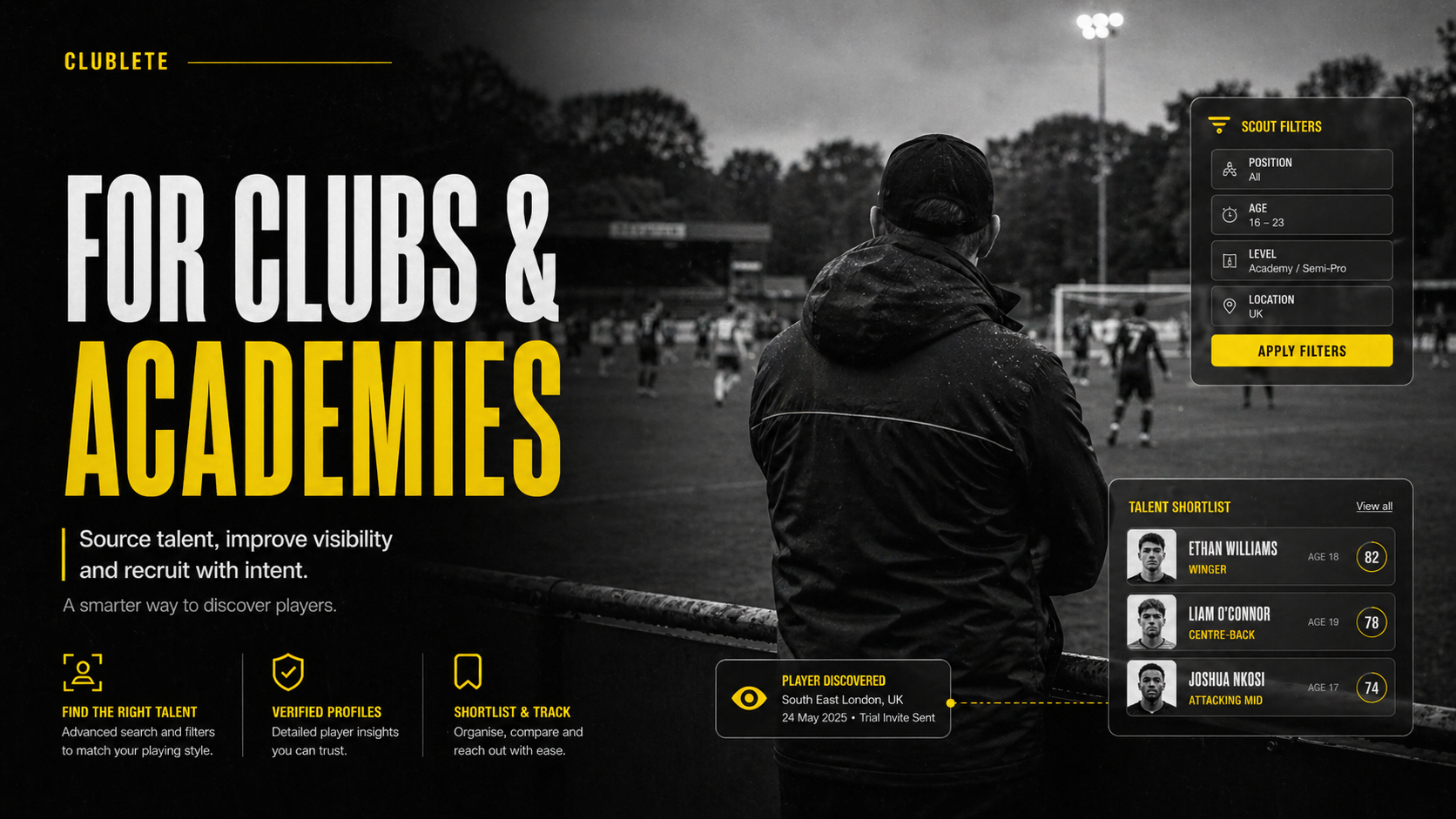 For clubs and academies — source talent, improve visibility and recruit with intent